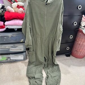 Green Utility Jumpsuit with Zipper Closure